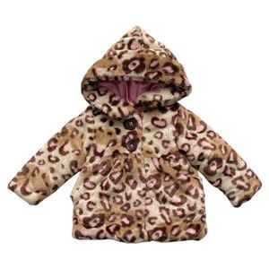 Pistachio Toddler Girls Faux Fur Leopard Pink Satin Hooded Winter Coat 24M-2T